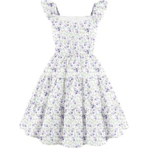 Arshiner Girls Dress Ruffle Sleeve Button Down Smocked Sundress Party Dresses with Pockets 6-14Y(Purple Flower)