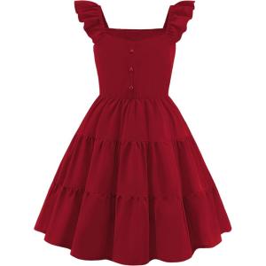Arshiner Girls Dress Ruffle Sleeve Button Down Smocked Sundress Party Dresses with Pockets 6-14Y(Red)