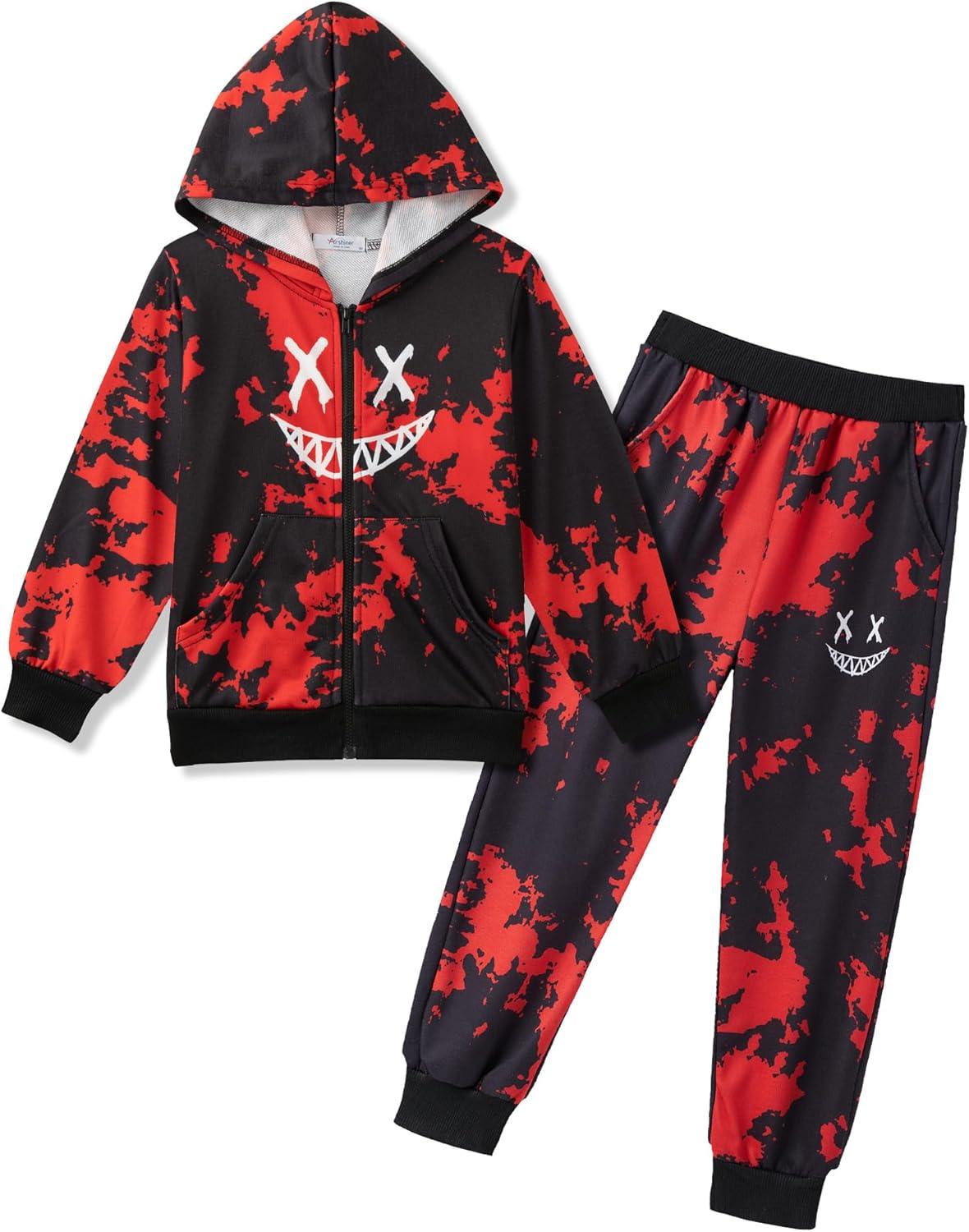 image:imageArshiner Boys 2 Piece Athletic Tracksuit Jogging Sets Outfit Sweatsuit Zip Up Hoodie and Active Pants for Kids 514 YearsTie DyeredBlack
