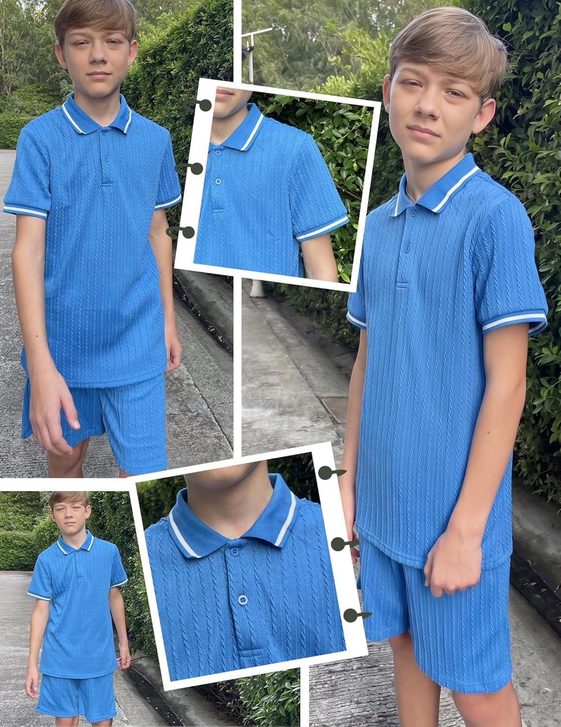 image:imageArshiner Boys 2 Piece Rib Knit Outfits Short Sleeve Polo Shirt amp Elastic Waist Shorts Vacation Texture Sets Sizes 413Blue