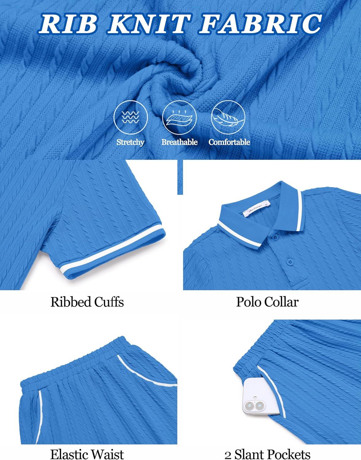 image:imageArshiner Boys 2 Piece Rib Knit Outfits Short Sleeve Polo Shirt amp Elastic Waist Shorts Vacation Texture Sets Sizes 413Blue