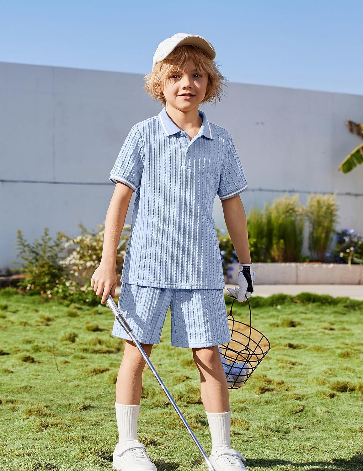 image:imageArshiner Boys 2 Piece Rib Knit Outfits Short Sleeve Polo Shirt amp Elastic Waist Shorts Vacation Texture Sets Sizes 413Light Blue