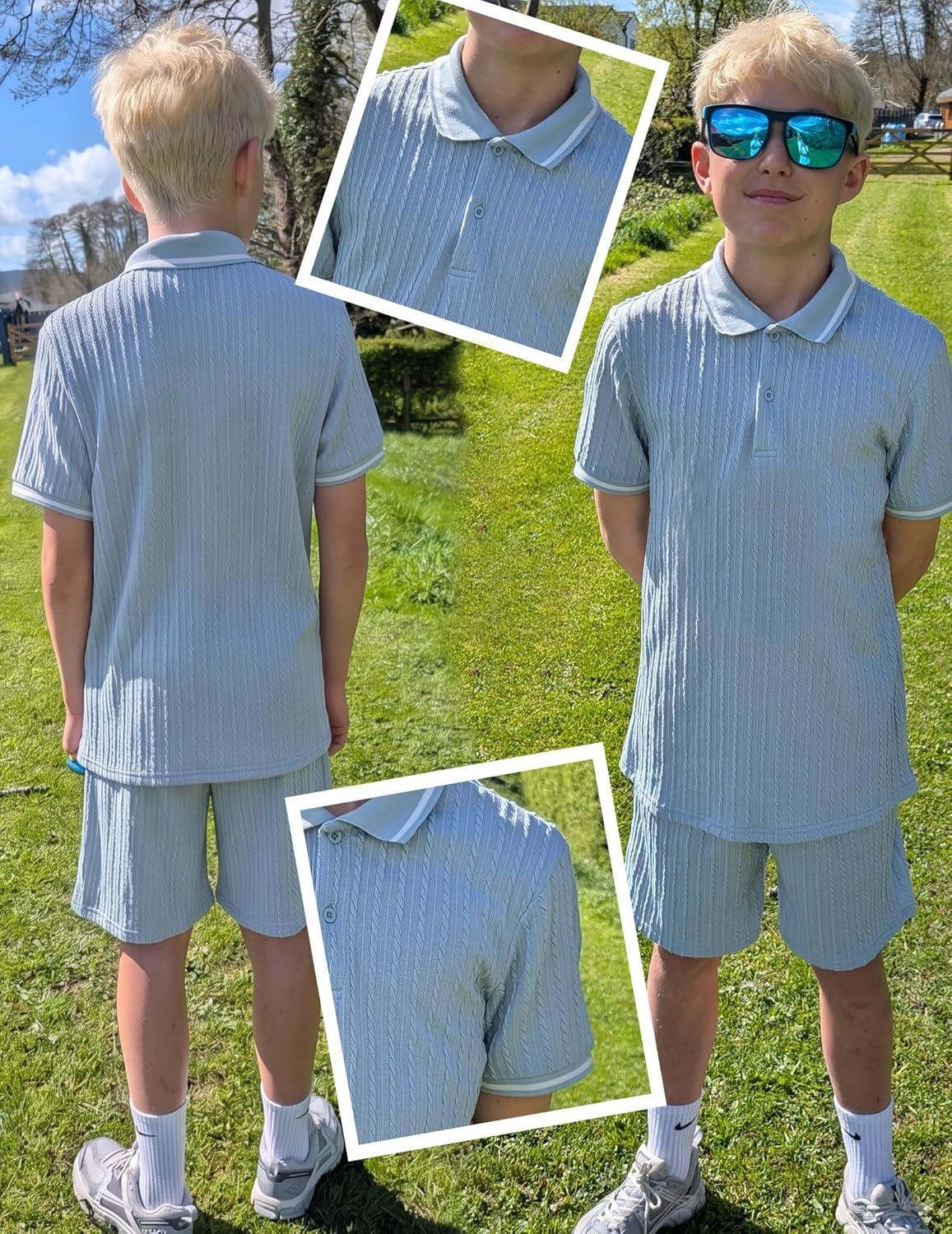 image:imageArshiner Boys 2 Piece Rib Knit Outfits Short Sleeve Polo Shirt amp Elastic Waist Shorts Vacation Texture Sets Sizes 413Light Blue