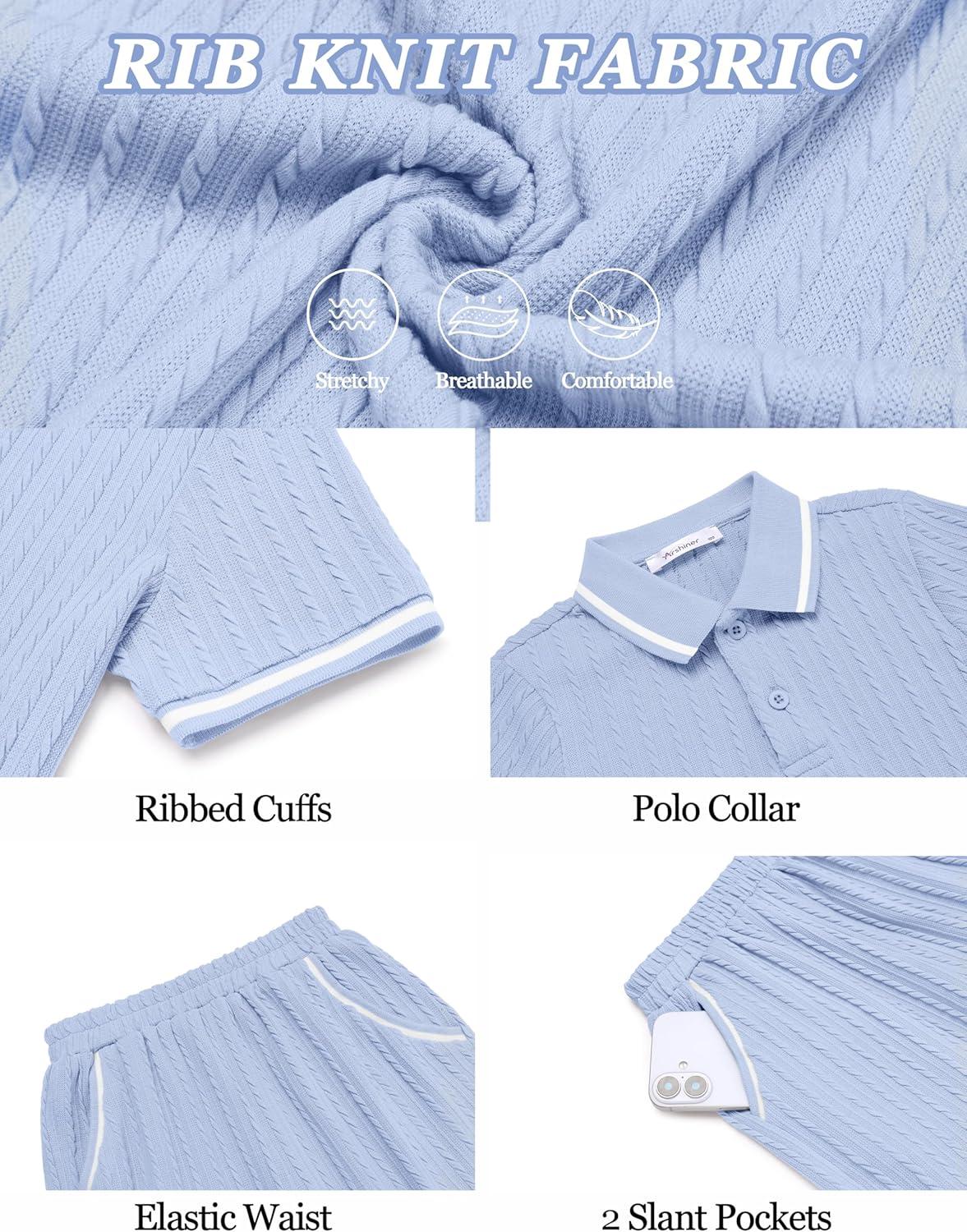 image:imageArshiner Boys 2 Piece Rib Knit Outfits Short Sleeve Polo Shirt amp Elastic Waist Shorts Vacation Texture Sets Sizes 413Light Blue