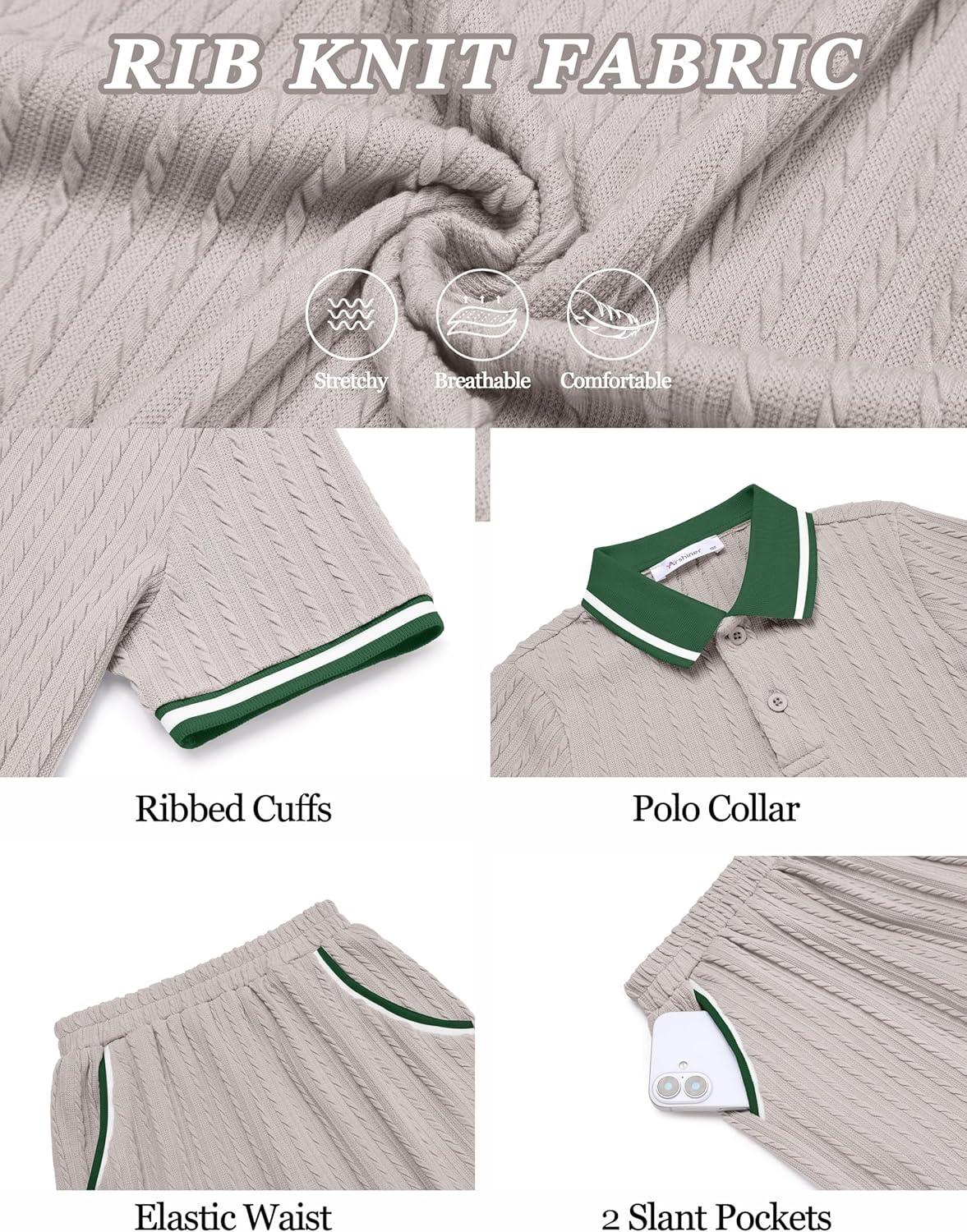 image:imageArshiner Boys 2 Piece Rib Knit Outfits Short Sleeve Polo Shirt amp Elastic Waist Shorts Vacation Texture Sets Sizes 413Light Grey