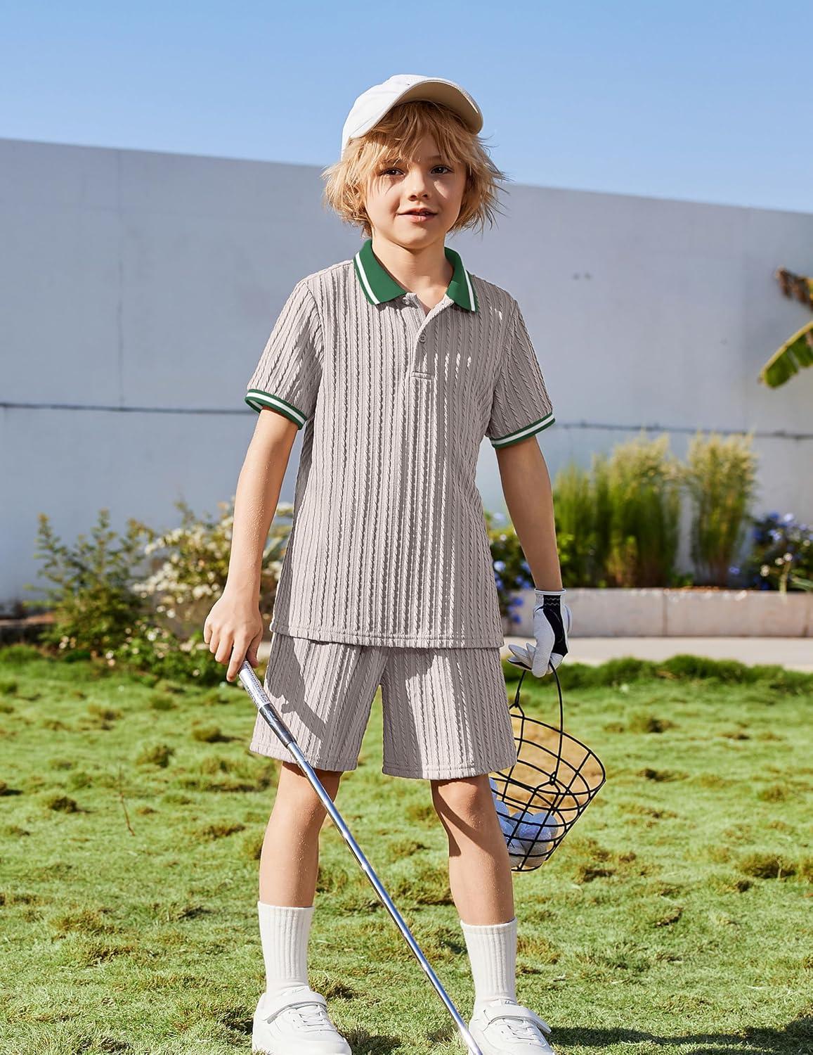 image:imageArshiner Boys 2 Piece Rib Knit Outfits Short Sleeve Polo Shirt amp Elastic Waist Shorts Vacation Texture Sets Sizes 413Light Grey