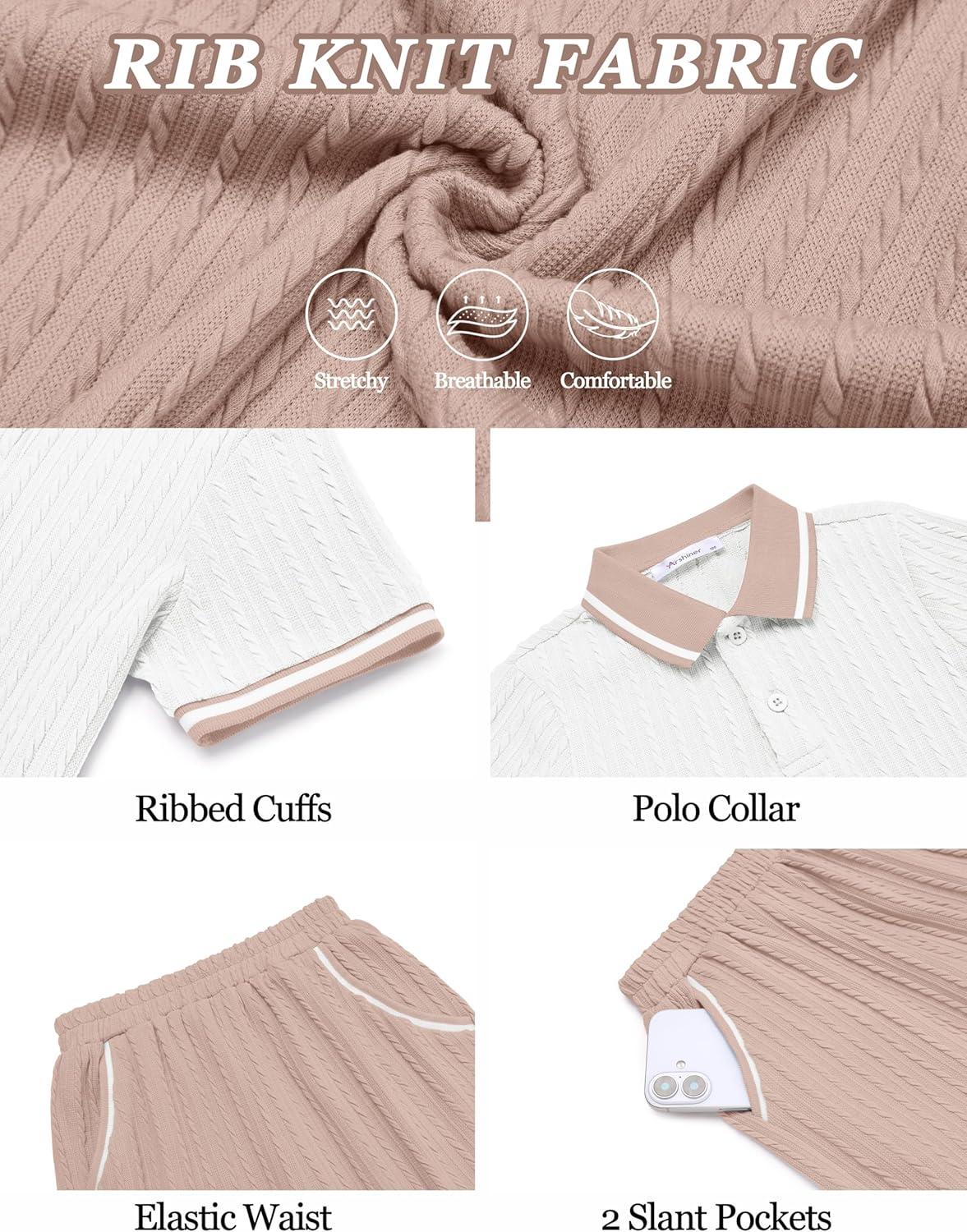 image:imageArshiner Boys 2 Piece Rib Knit Outfits Short Sleeve Polo Shirt amp Elastic Waist Shorts Vacation Texture Sets Sizes 413White Khaki