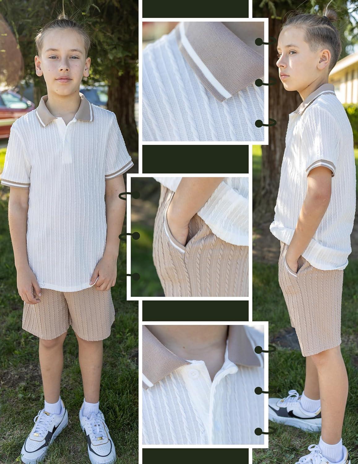 image:imageArshiner Boys 2 Piece Rib Knit Outfits Short Sleeve Polo Shirt amp Elastic Waist Shorts Vacation Texture Sets Sizes 413White Khaki