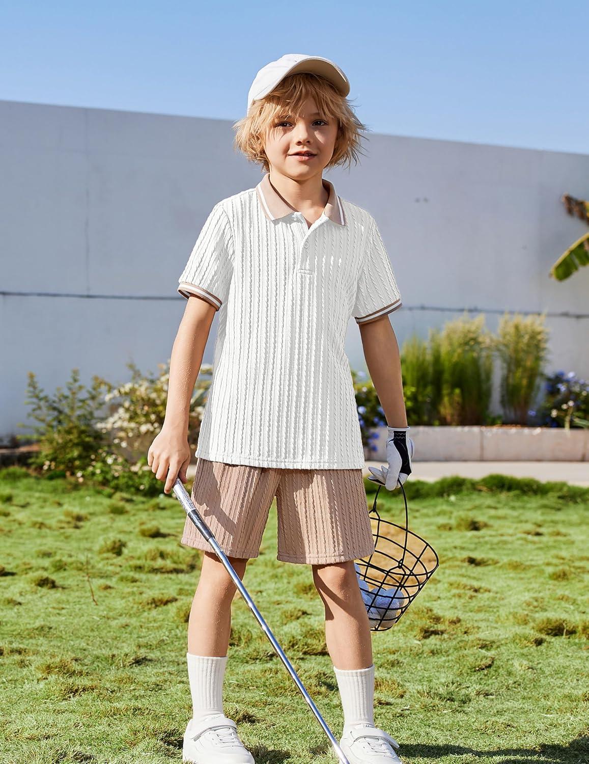 image:imageArshiner Boys 2 Piece Rib Knit Outfits Short Sleeve Polo Shirt amp Elastic Waist Shorts Vacation Texture Sets Sizes 413White Khaki