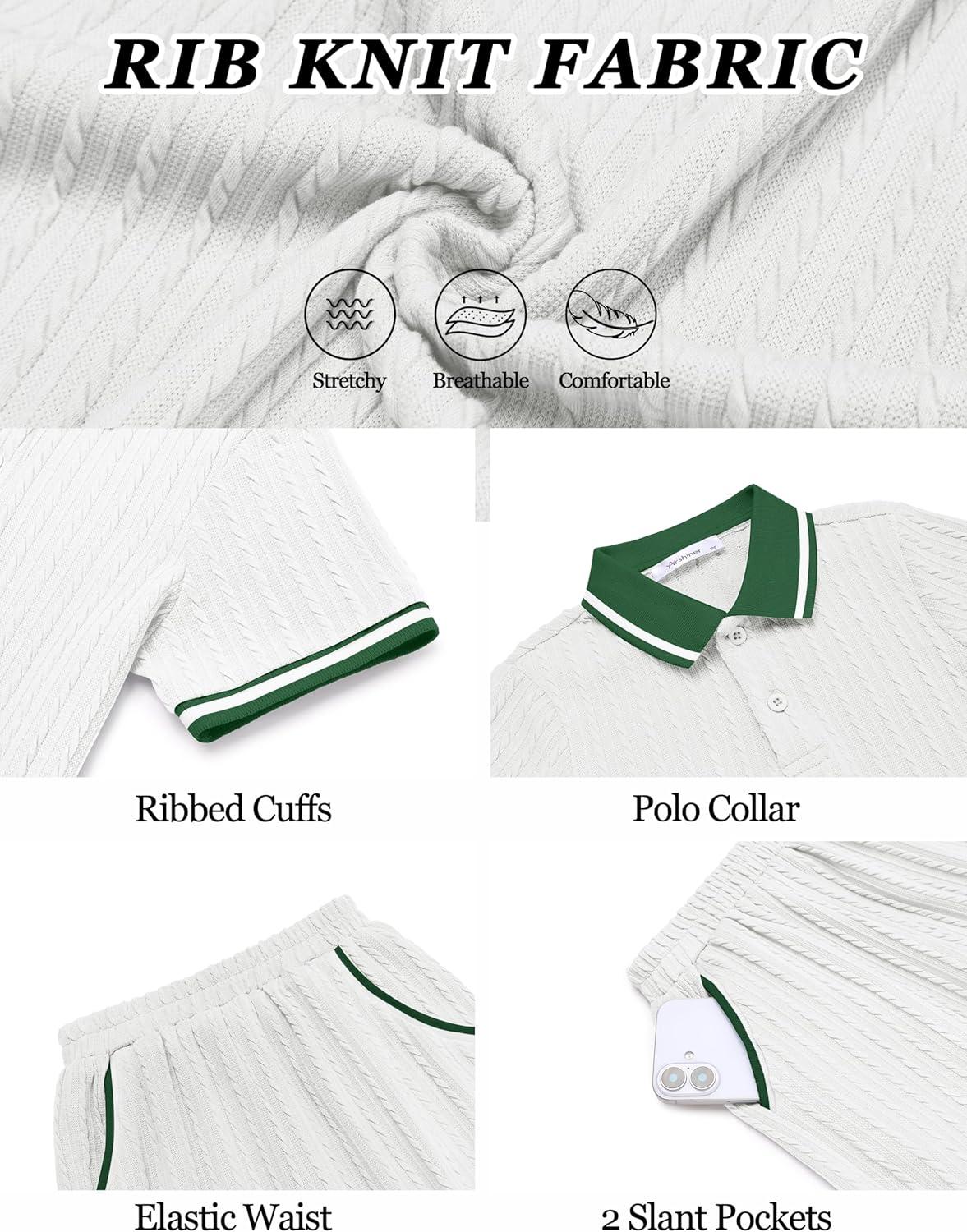 image:imageArshiner Boys 2 Piece Rib Knit Outfits Short Sleeve Polo Shirt amp Elastic Waist Shorts Vacation Texture Sets Sizes 413White