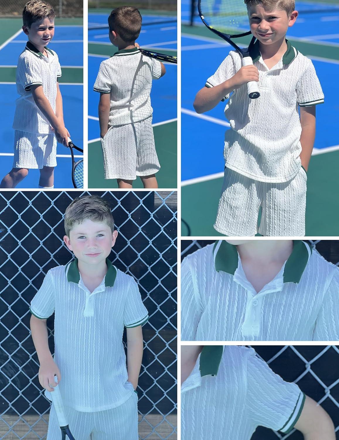image:imageArshiner Boys 2 Piece Rib Knit Outfits Short Sleeve Polo Shirt amp Elastic Waist Shorts Vacation Texture Sets Sizes 413White