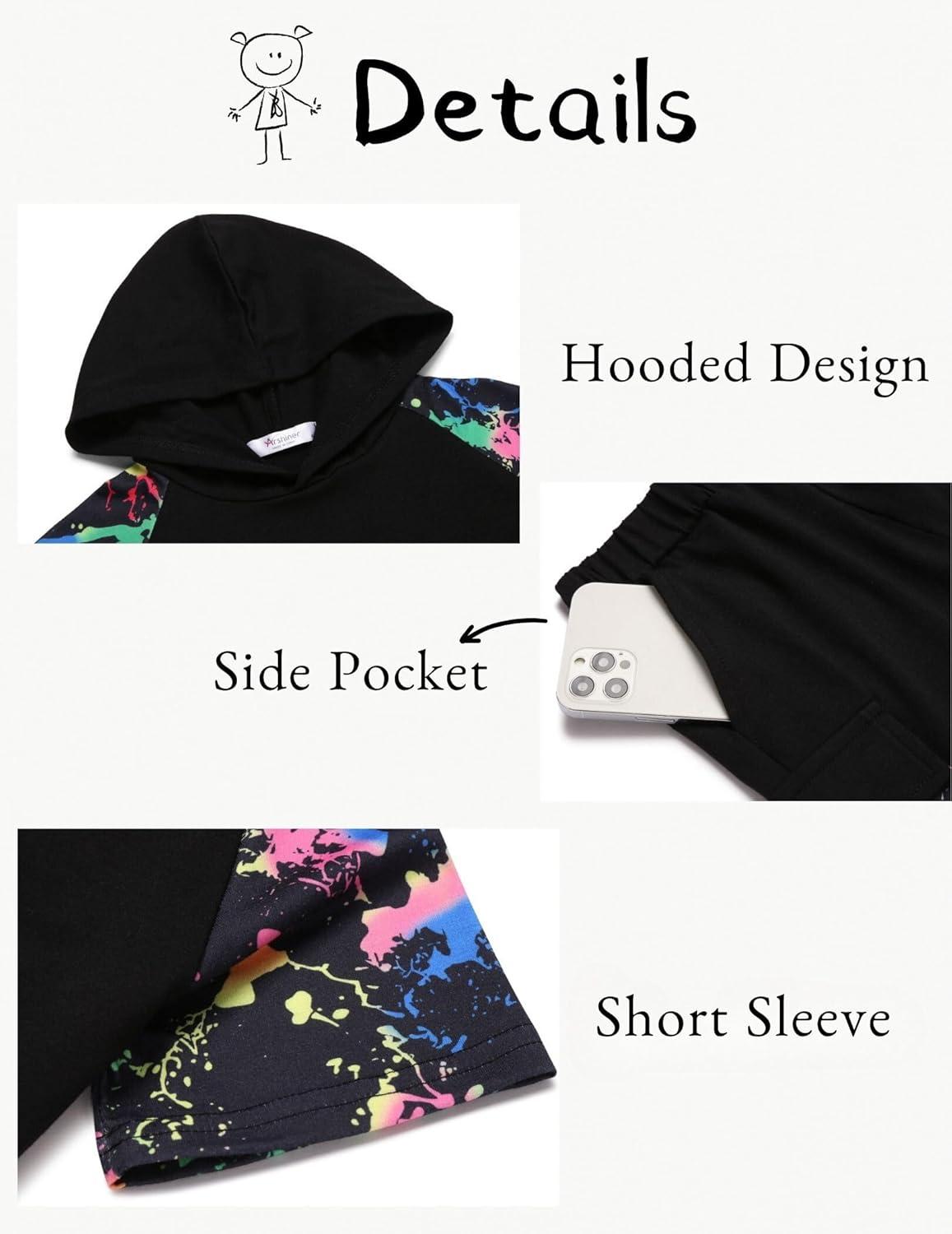 image:imageArshiner Boys 2 Piece Summer Outfits Letter Graphic Colorblock Short Sleeve Hoodie and Short Sets with Pockets 512 YearsBlack Graphic Print