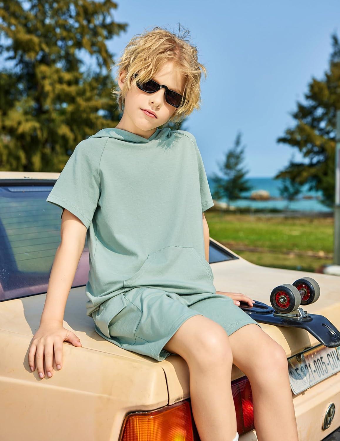 image:imageArshiner Boys 2 Piece Summer Outfits Letter Graphic Colorblock Short Sleeve Hoodie and Short Sets with Pockets 512 YearsGreen