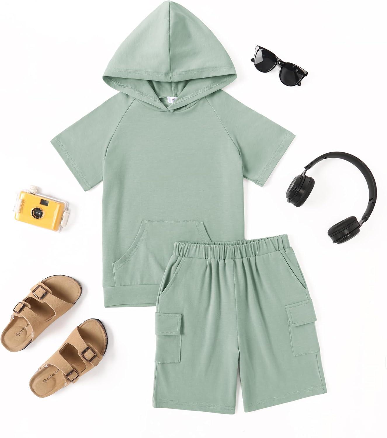 image:imageArshiner Boys 2 Piece Summer Outfits Letter Graphic Colorblock Short Sleeve Hoodie and Short Sets with Pockets 512 YearsGreen