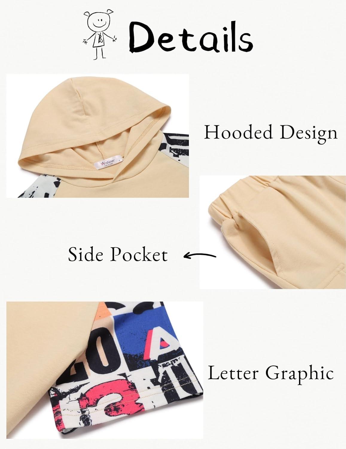 image:imageArshiner Boys 2 Piece Summer Outfits Letter Graphic Colorblock Short Sleeve Hoodie and Short Sets with Pockets 512 YearsKhaki Graphic Print
