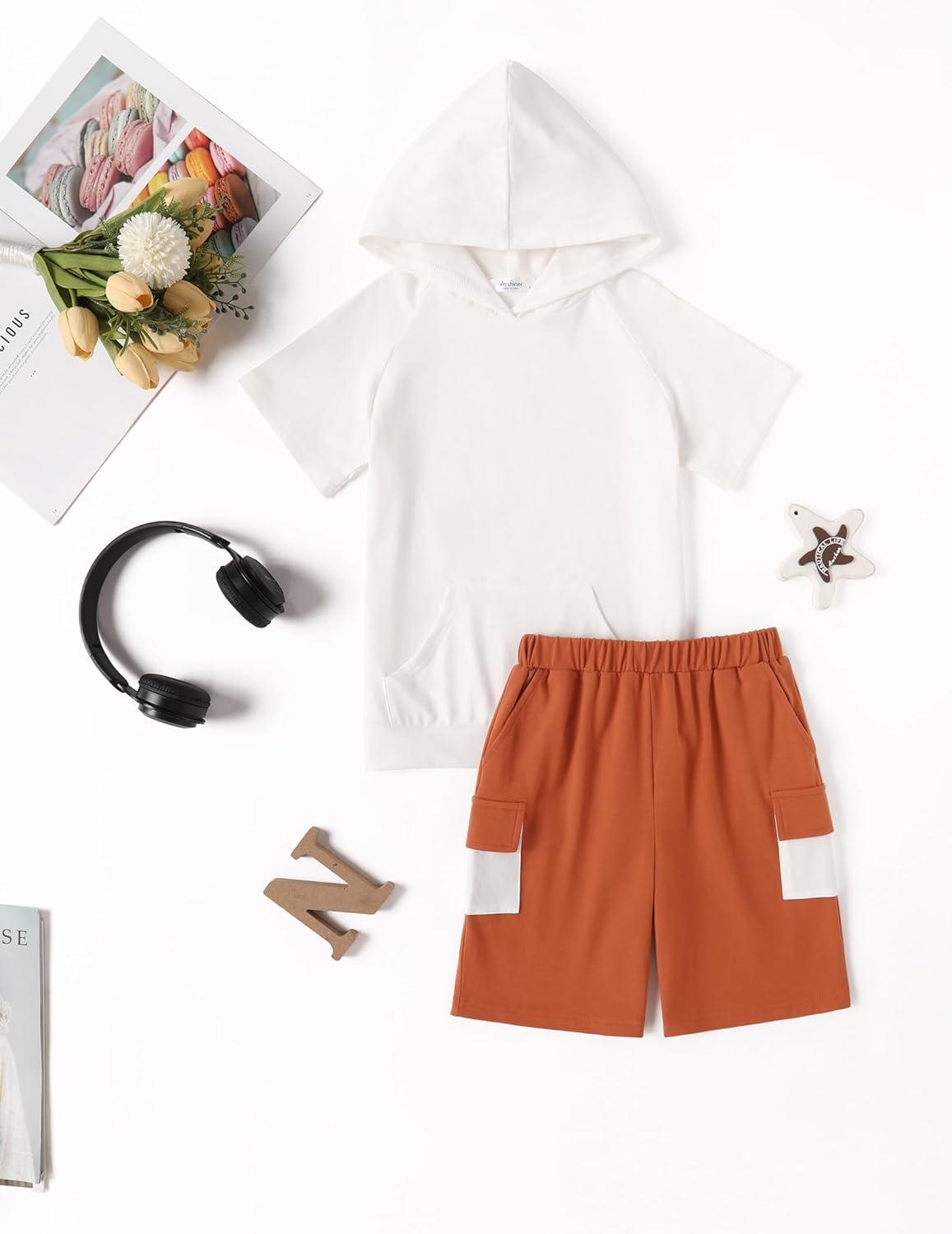 image:imageArshiner Boys 2 Piece Summer Outfits Letter Graphic Colorblock Short Sleeve Hoodie and Short Sets with Pockets 512 YearsWhite and Brown