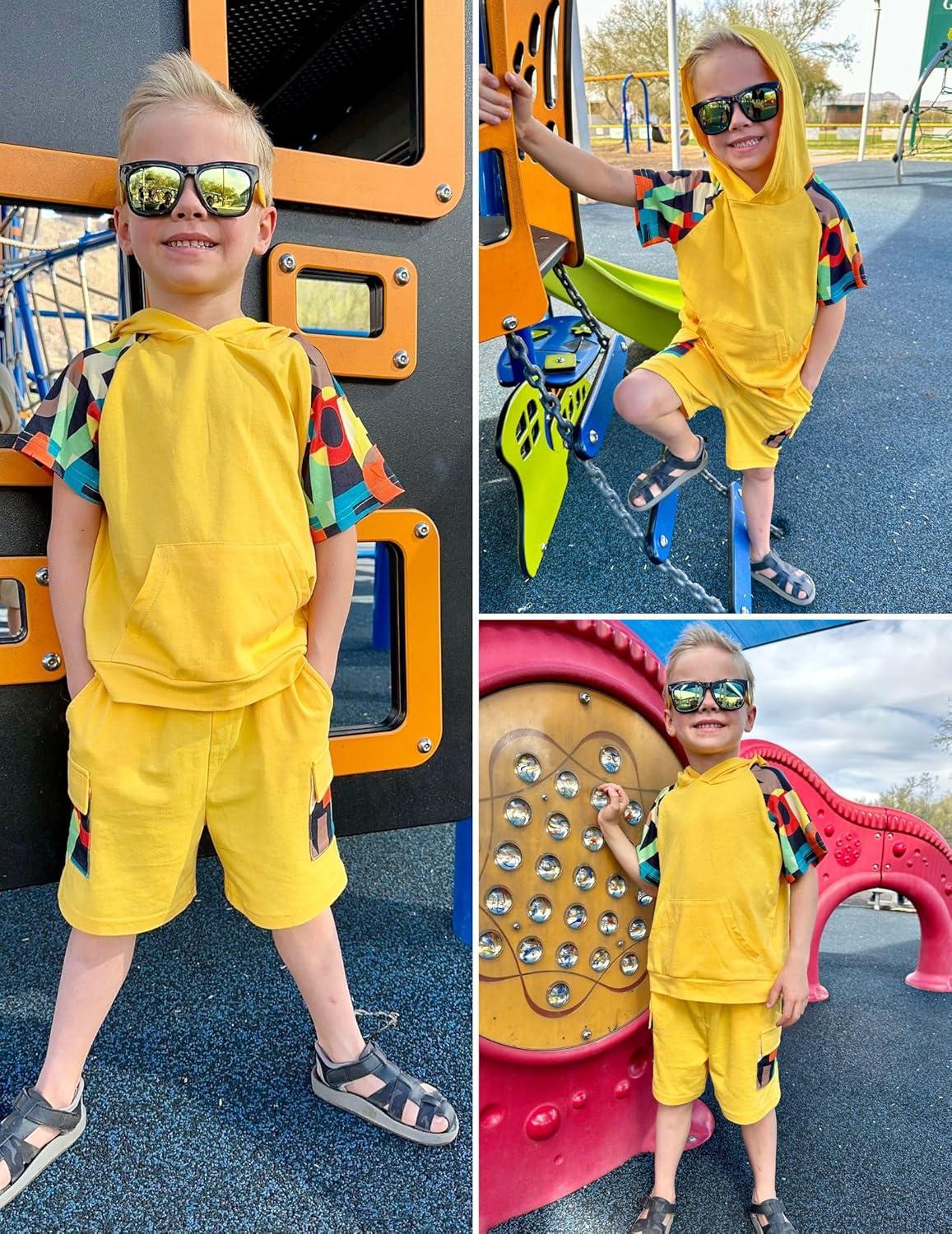 image:imageArshiner Boys 2 Piece Summer Outfits Letter Graphic Colorblock Short Sleeve Hoodie and Short Sets with Pockets 512 YearsYellow Graphic Print