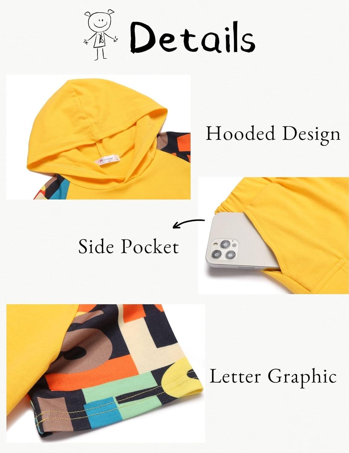 image:imageArshiner Boys 2 Piece Summer Outfits Letter Graphic Colorblock Short Sleeve Hoodie and Short Sets with Pockets 512 YearsYellow Graphic Print