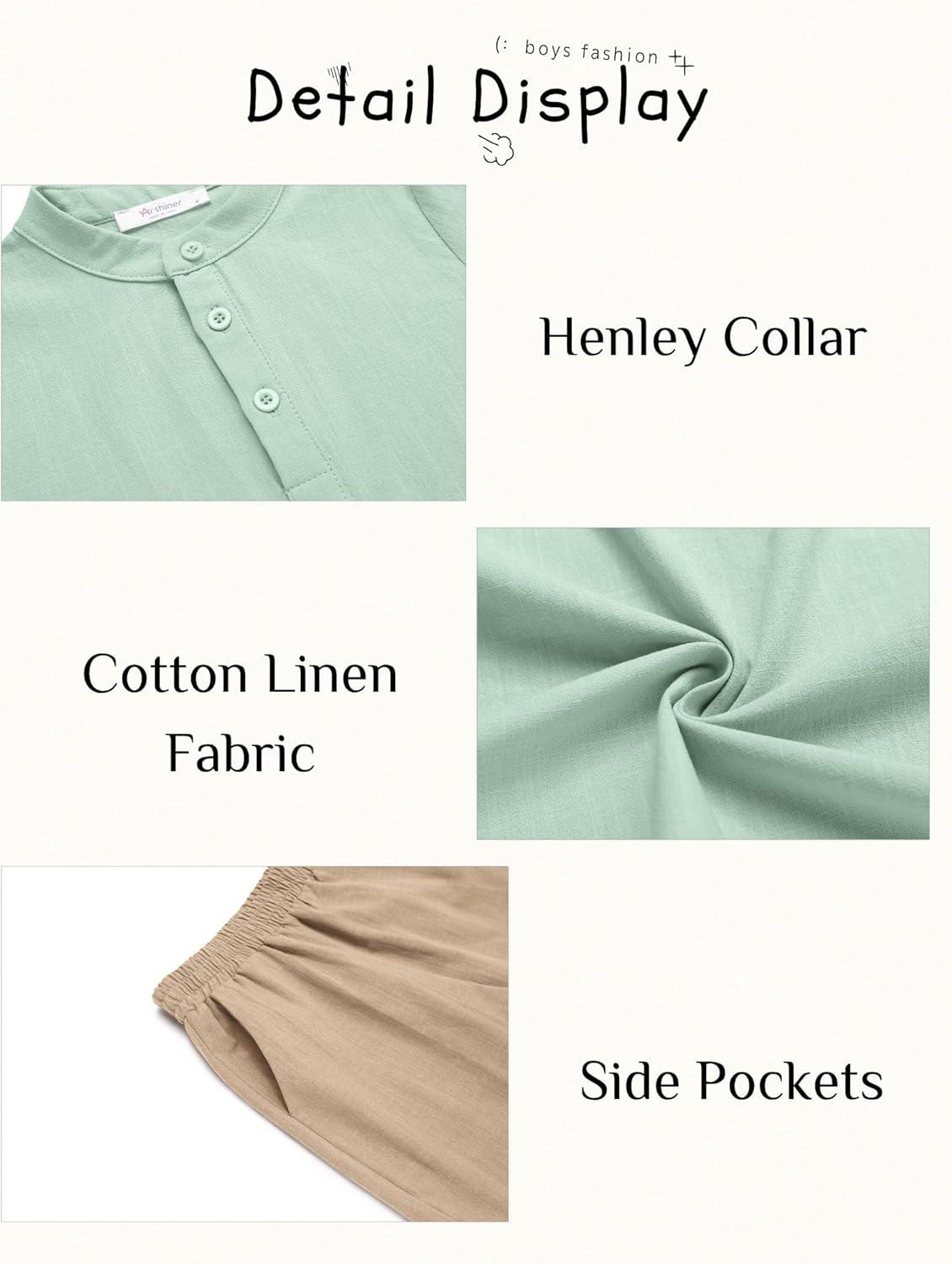 image:imageArshiner Boys 2 Pieces Cotton Linen Set Casual Henley Shirts Short Sleeve Beach Shorts Summer Outfits for 512 YearsLight Green Khaki