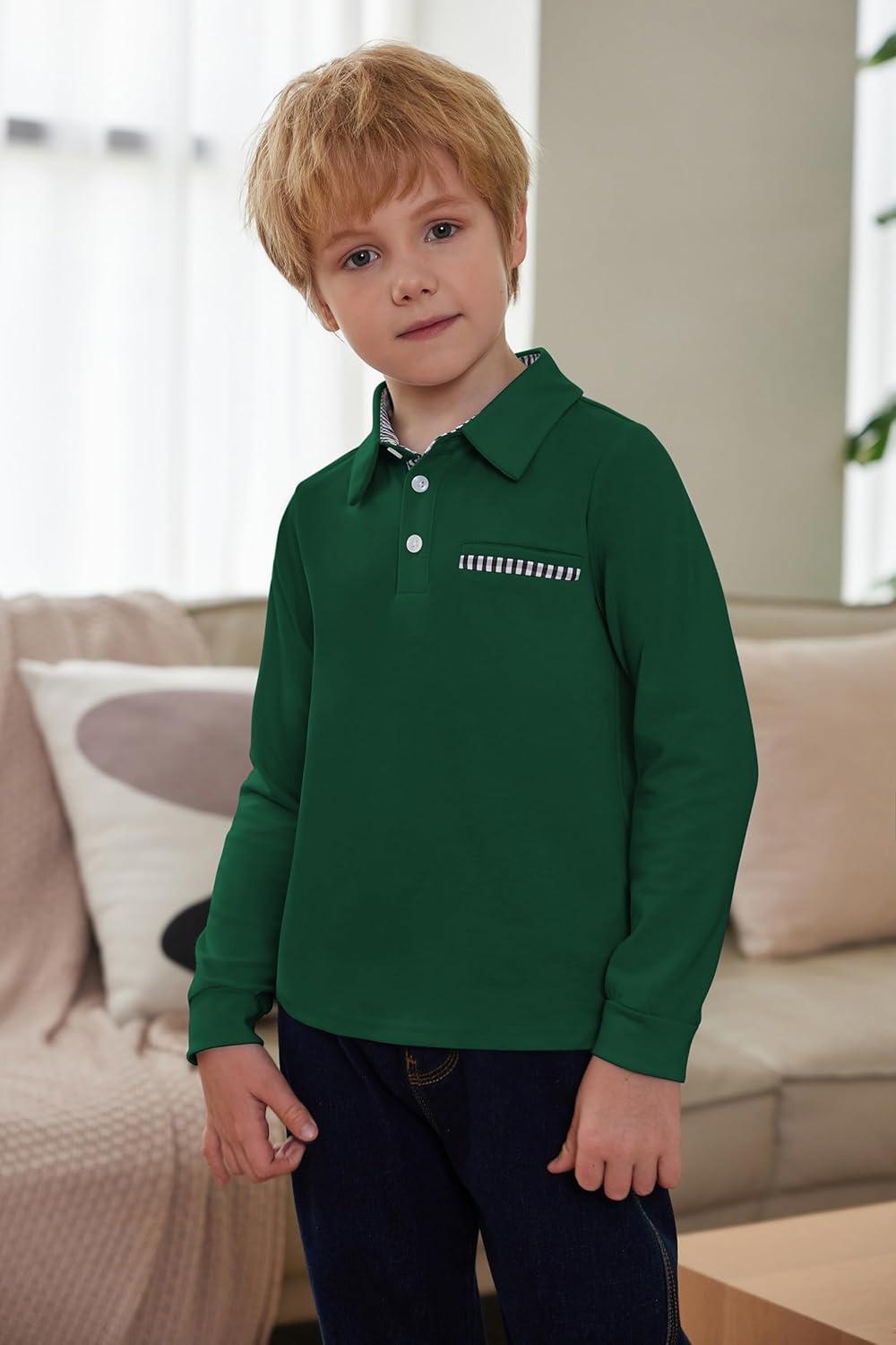 image:imageArshiner Boys Long Sleeve Plaid Trim Polo Shirt School Uniform Shirt with PocketGreen
