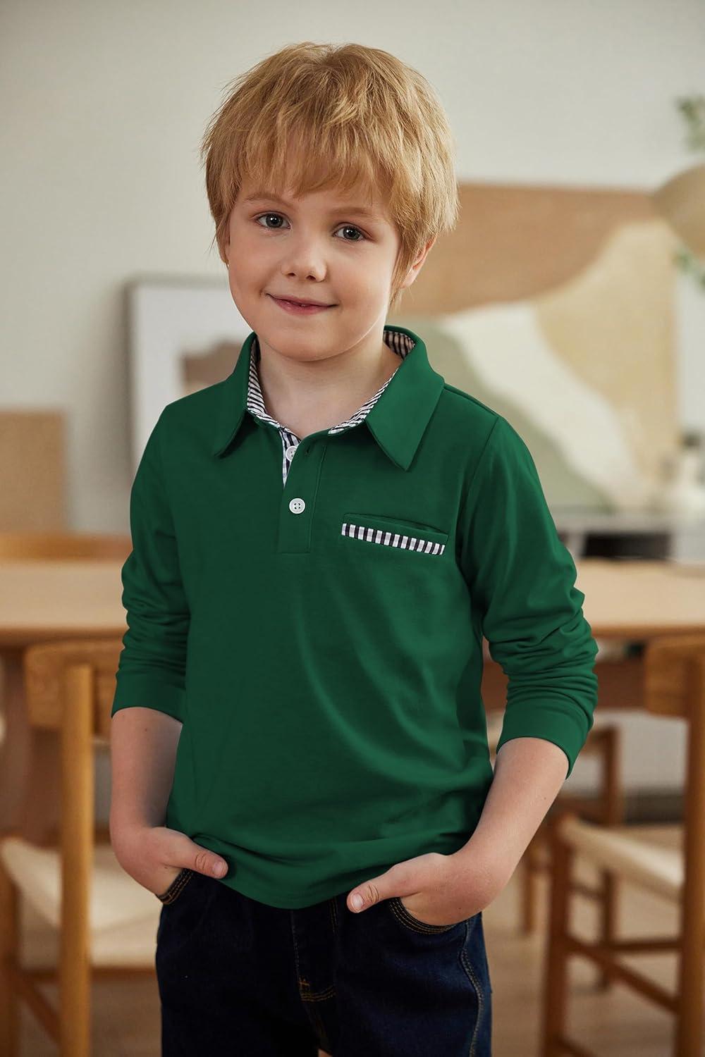 image:imageArshiner Boys Long Sleeve Plaid Trim Polo Shirt School Uniform Shirt with PocketGreen