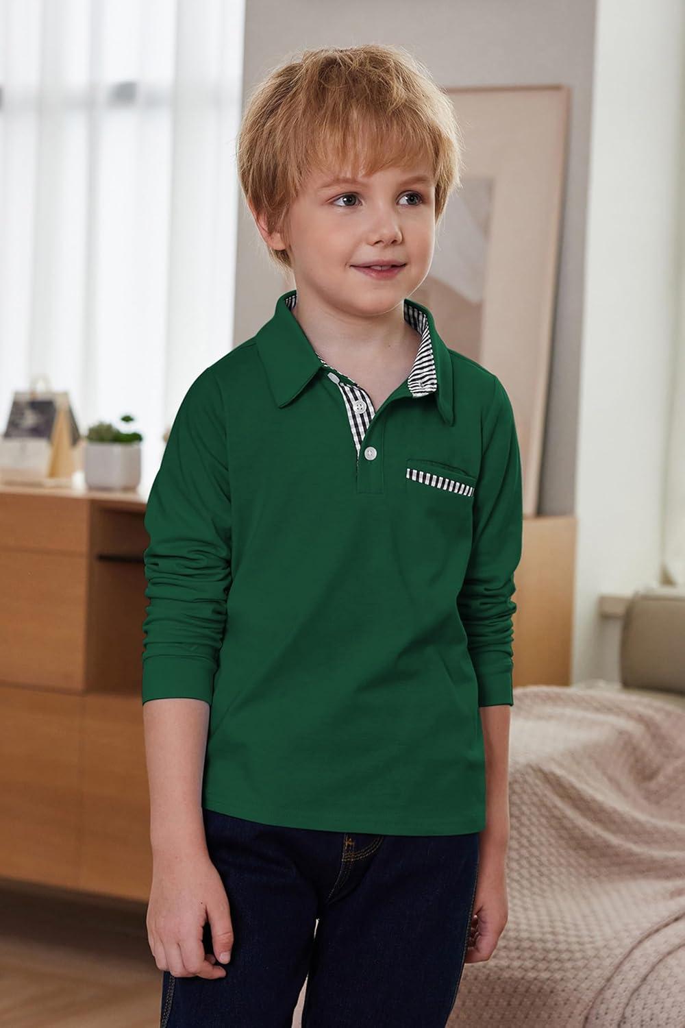 image:imageArshiner Boys Long Sleeve Plaid Trim Polo Shirt School Uniform Shirt with PocketGreen