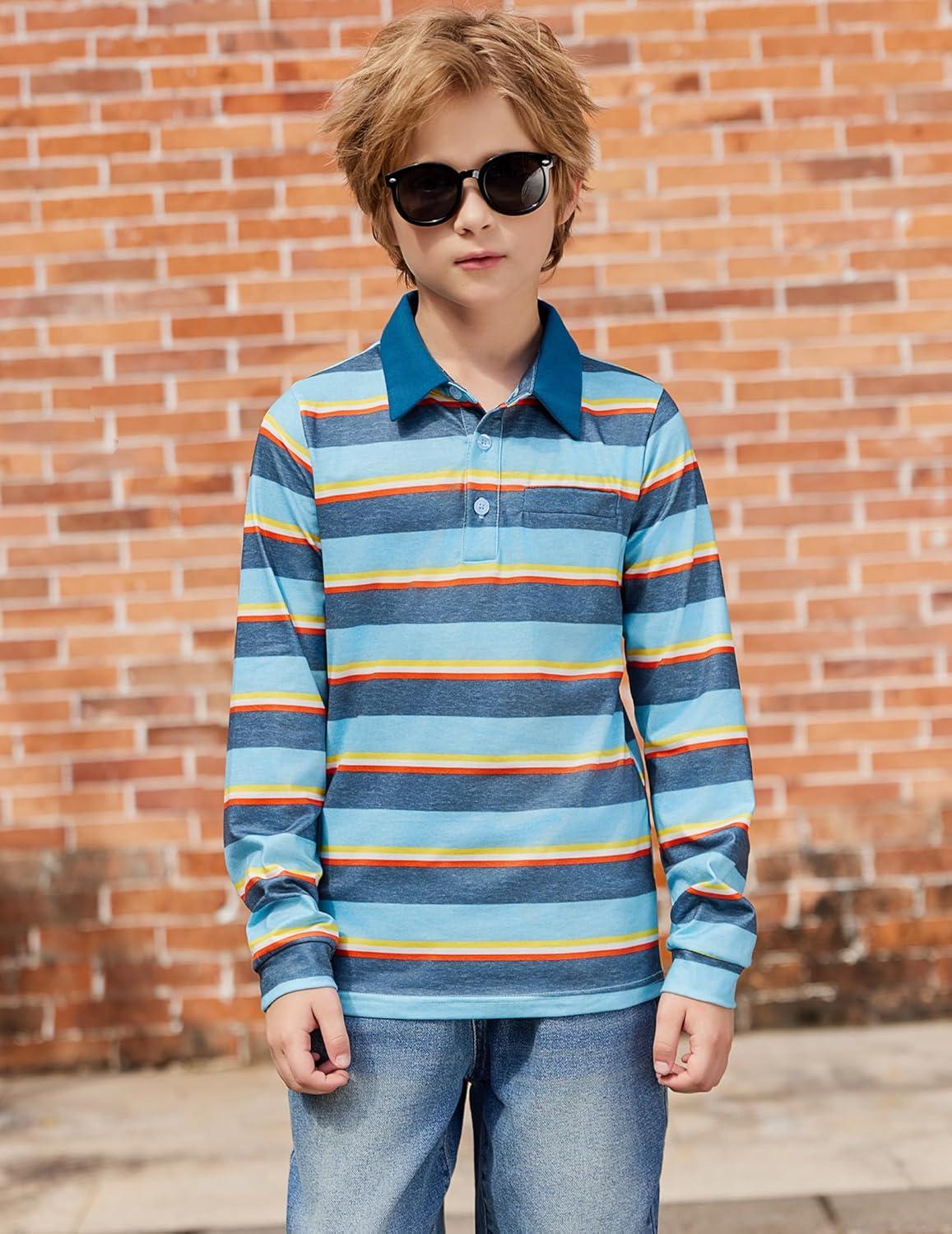 image:imageArshiner Boys Long Sleeve Plaid Trim Polo Shirt School Uniform Shirt with PocketGrey Blue Yellow