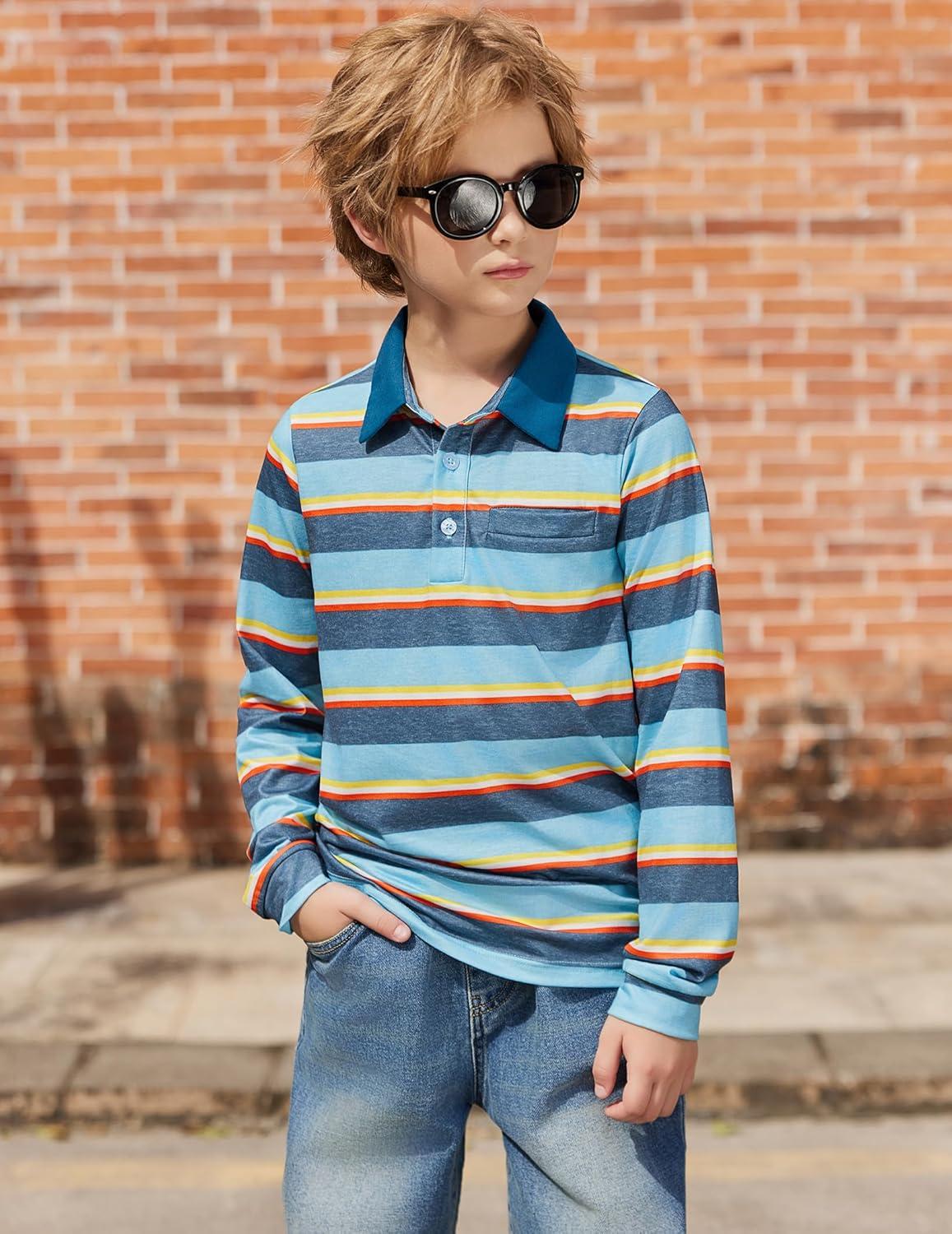 image:imageArshiner Boys Long Sleeve Plaid Trim Polo Shirt School Uniform Shirt with PocketGrey Blue Yellow