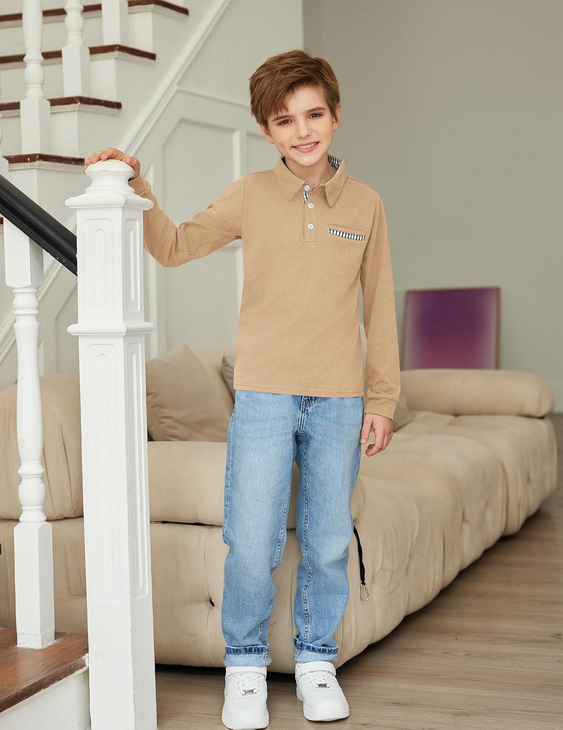 image:imageArshiner Boys Long Sleeve Plaid Trim Polo Shirt School Uniform Shirt with PocketKhaki