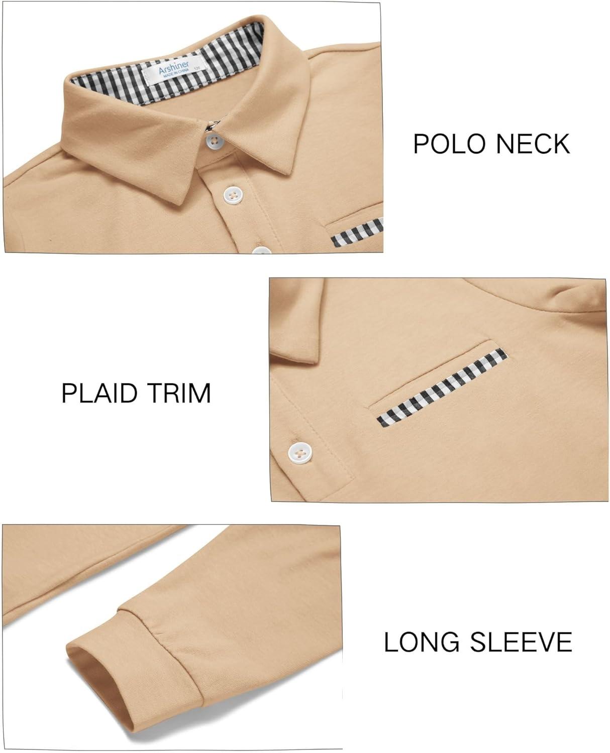 image:imageArshiner Boys Long Sleeve Plaid Trim Polo Shirt School Uniform Shirt with PocketKhaki