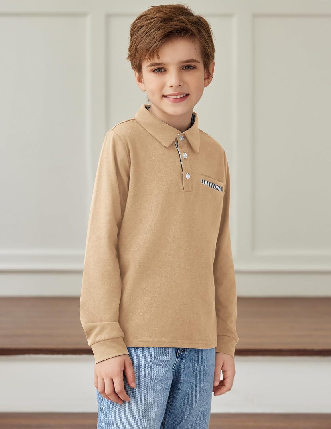 image:imageArshiner Boys Long Sleeve Plaid Trim Polo Shirt School Uniform Shirt with PocketKhaki
