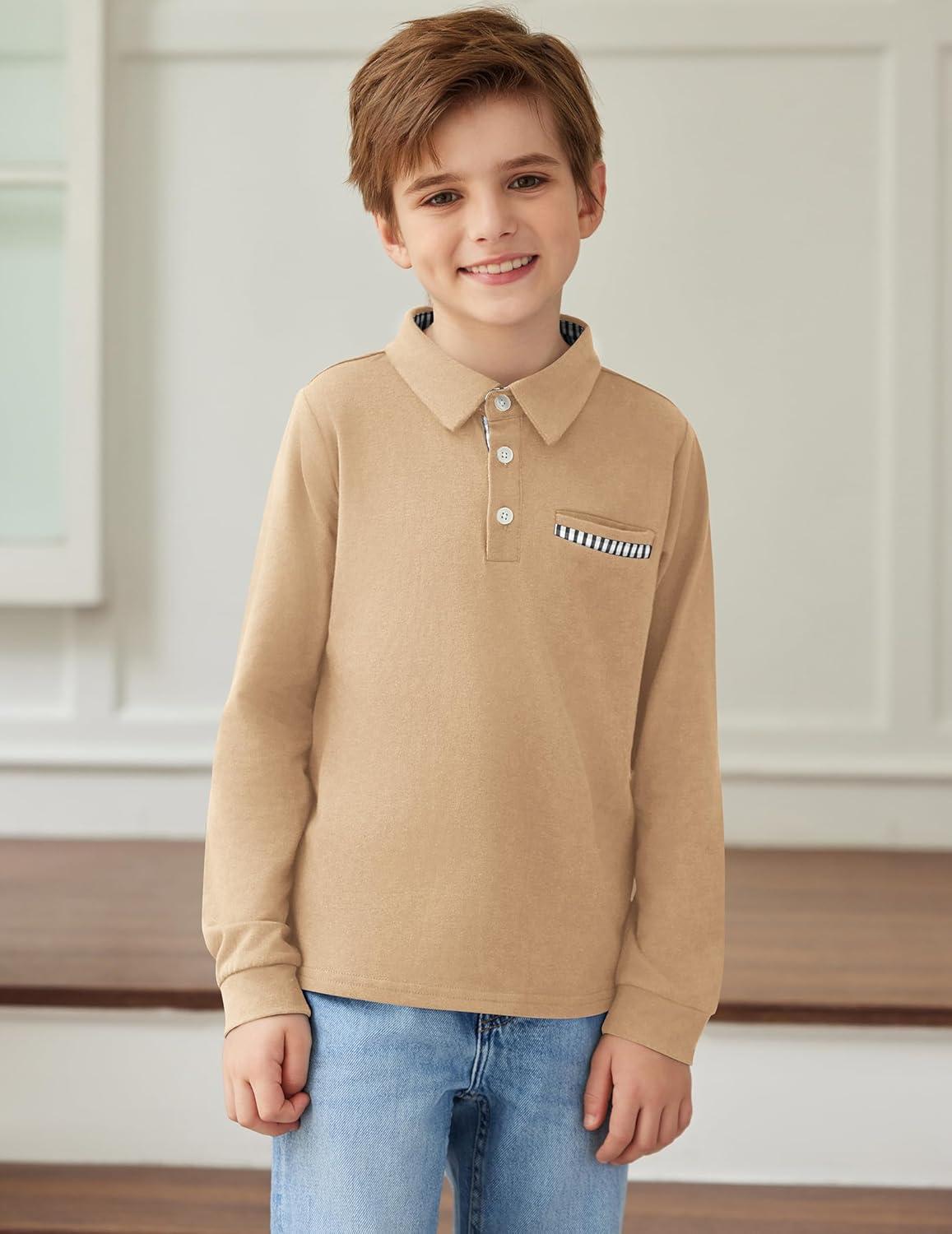 image:imageArshiner Boys Long Sleeve Plaid Trim Polo Shirt School Uniform Shirt with PocketKhaki