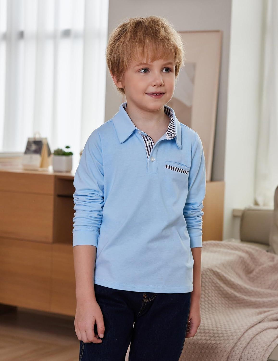 image:imageArshiner Boys Long Sleeve Plaid Trim Polo Shirt School Uniform Shirt with PocketLight Blue