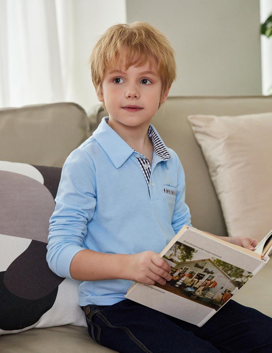 image:imageArshiner Boys Long Sleeve Plaid Trim Polo Shirt School Uniform Shirt with PocketLight Blue
