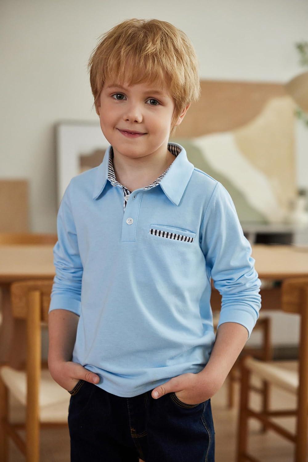 image:imageArshiner Boys Long Sleeve Plaid Trim Polo Shirt School Uniform Shirt with PocketLight Blue