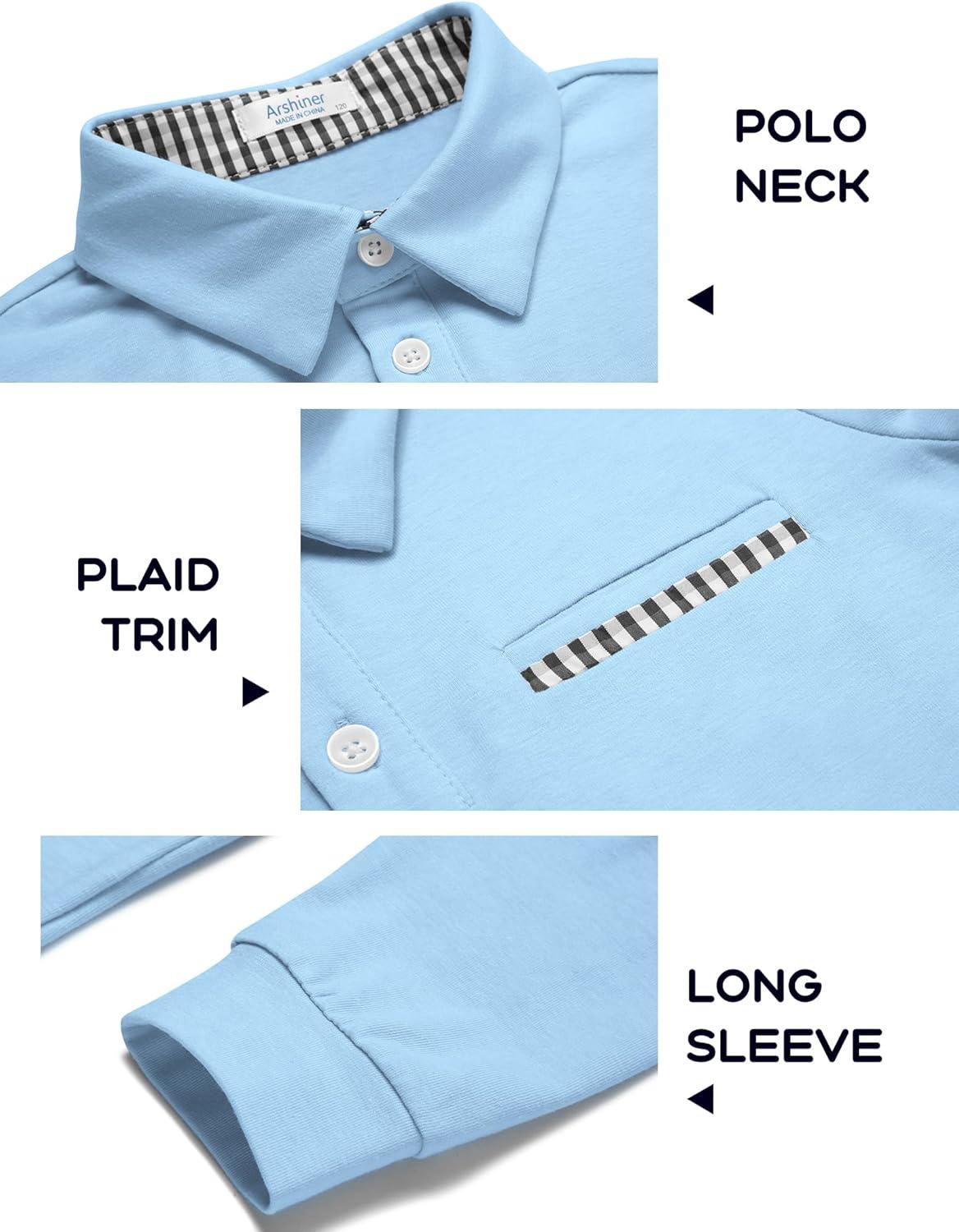 image:imageArshiner Boys Long Sleeve Plaid Trim Polo Shirt School Uniform Shirt with PocketLight Blue