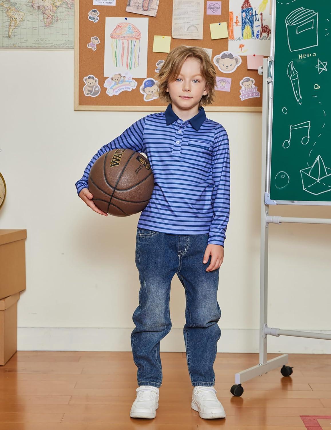 image:imageArshiner Boys Long Sleeve Plaid Trim Polo Shirt School Uniform Shirt with PocketNavy Striped