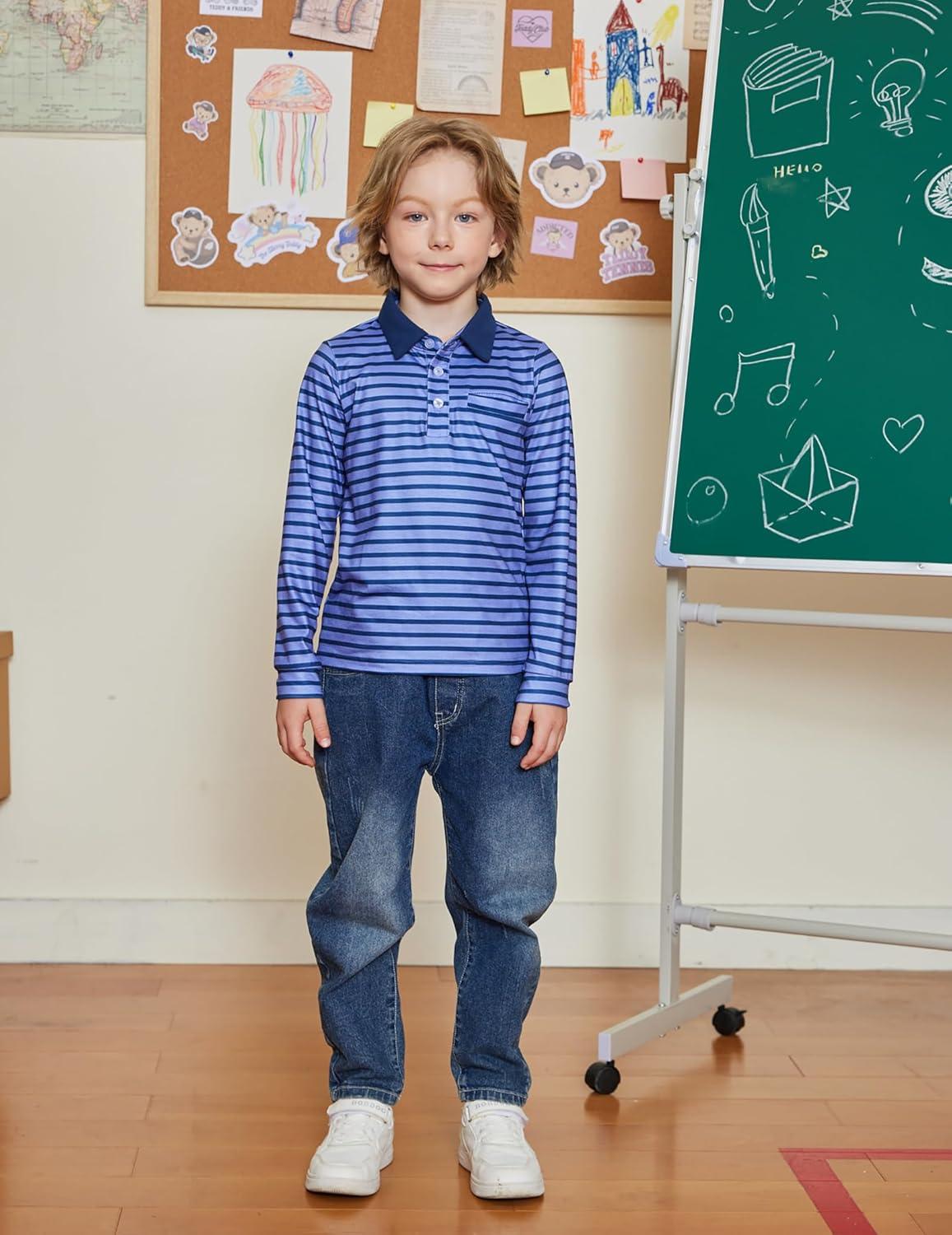 image:imageArshiner Boys Long Sleeve Plaid Trim Polo Shirt School Uniform Shirt with PocketNavy Striped