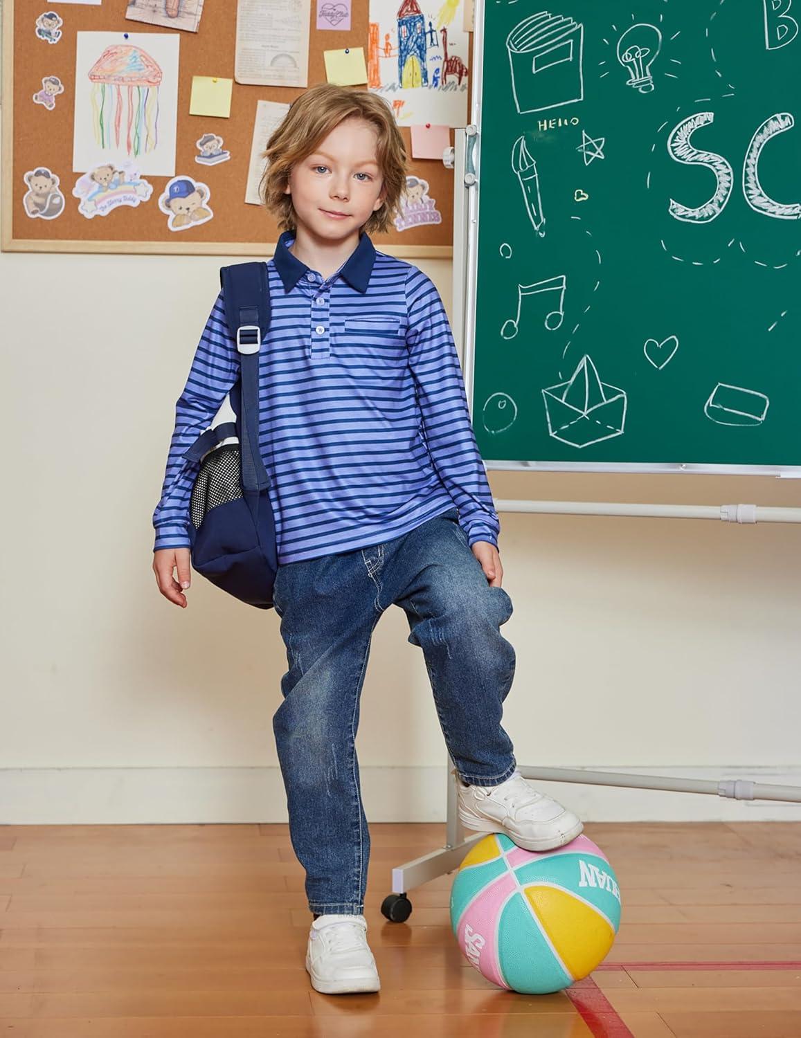 image:imageArshiner Boys Long Sleeve Plaid Trim Polo Shirt School Uniform Shirt with PocketNavy Striped
