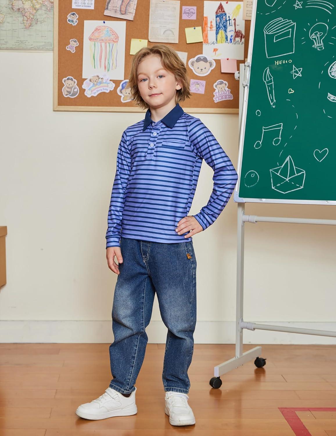 image:imageArshiner Boys Long Sleeve Plaid Trim Polo Shirt School Uniform Shirt with PocketNavy Striped