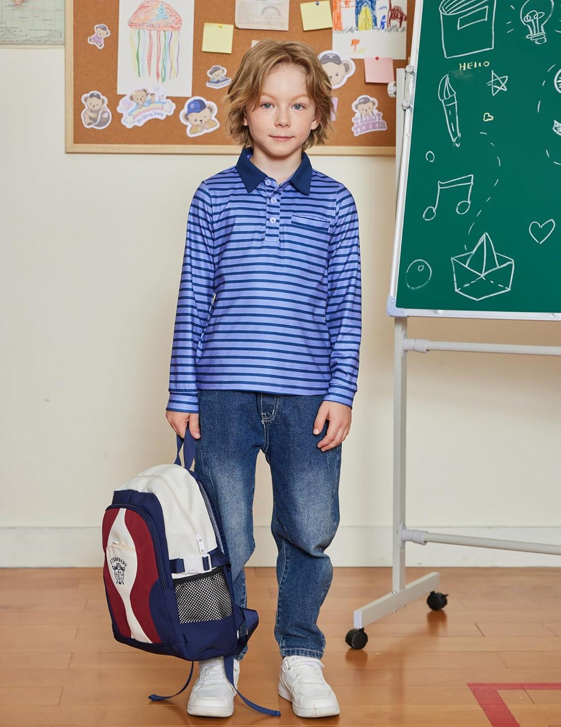 image:imageArshiner Boys Long Sleeve Plaid Trim Polo Shirt School Uniform Shirt with PocketNavy Striped