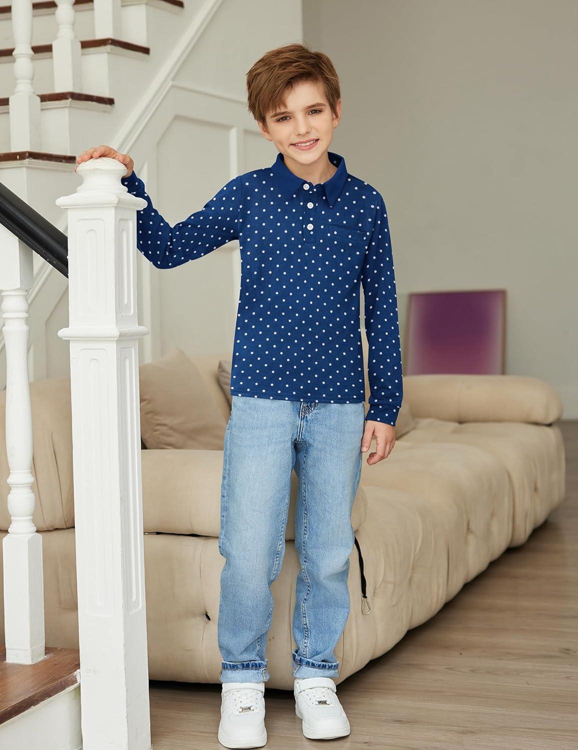 image:imageArshiner Boys Long Sleeve Plaid Trim Polo Shirt School Uniform Shirt with PocketNavy White Dots