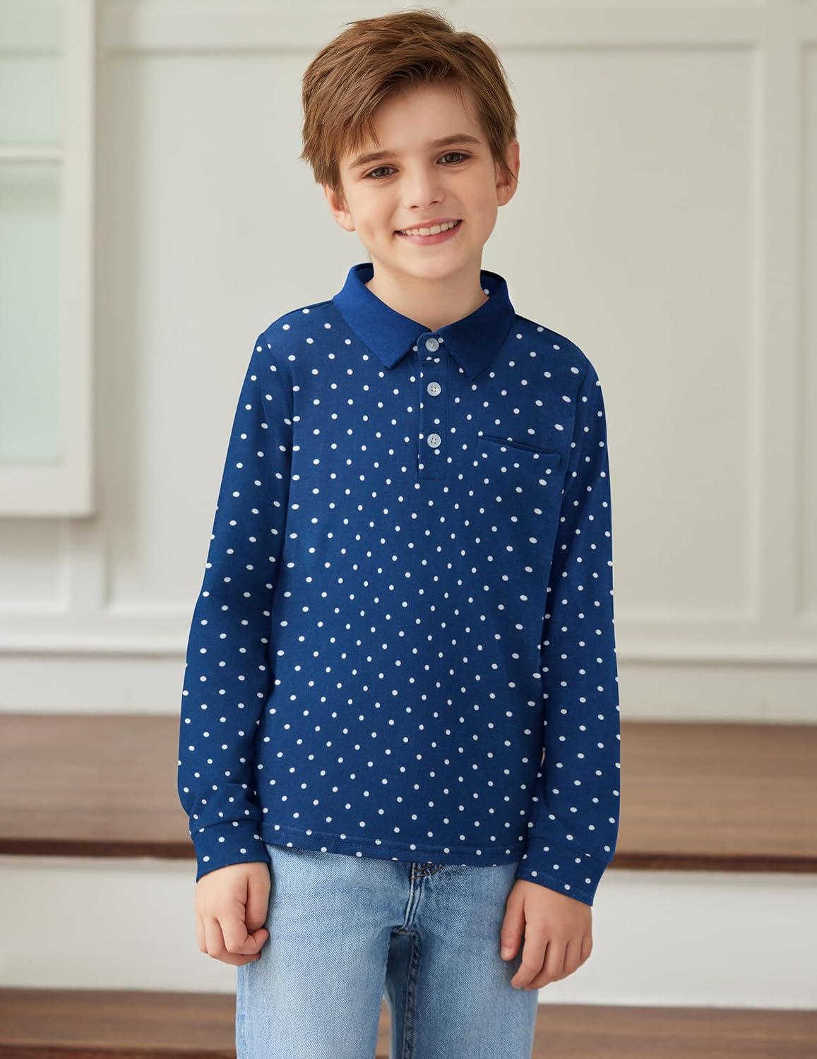 image:imageArshiner Boys Long Sleeve Plaid Trim Polo Shirt School Uniform Shirt with PocketNavy White Dots