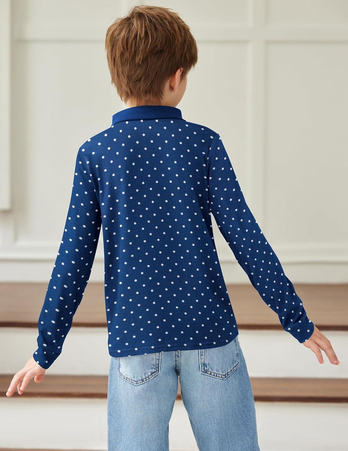 image:imageArshiner Boys Long Sleeve Plaid Trim Polo Shirt School Uniform Shirt with PocketNavy White Dots