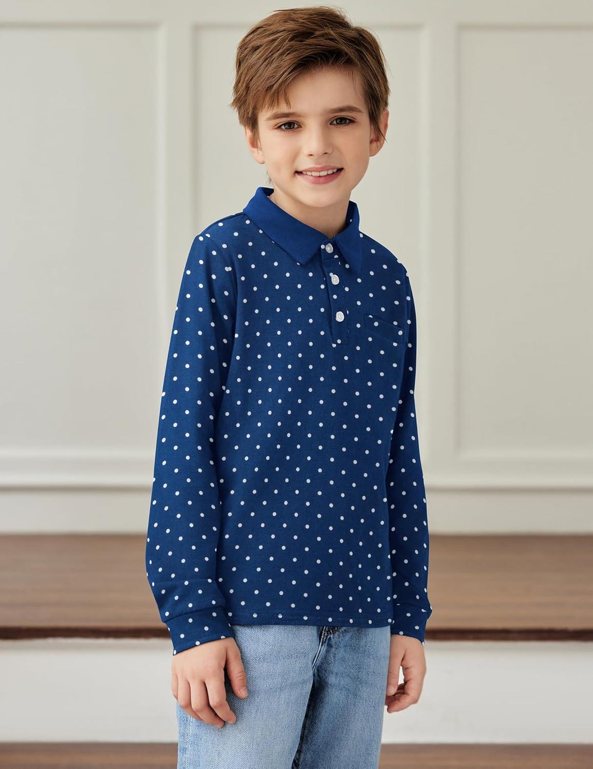 image:imageArshiner Boys Long Sleeve Plaid Trim Polo Shirt School Uniform Shirt with PocketNavy White Dots