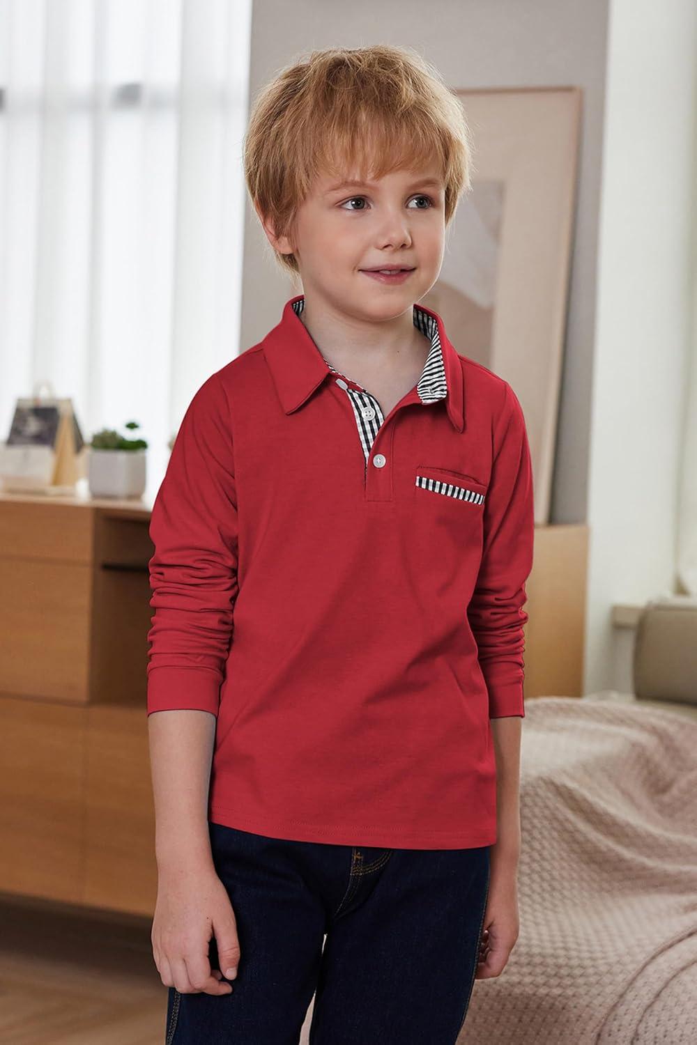 image:imageArshiner Boys Long Sleeve Plaid Trim Polo Shirt School Uniform Shirt with PocketRed