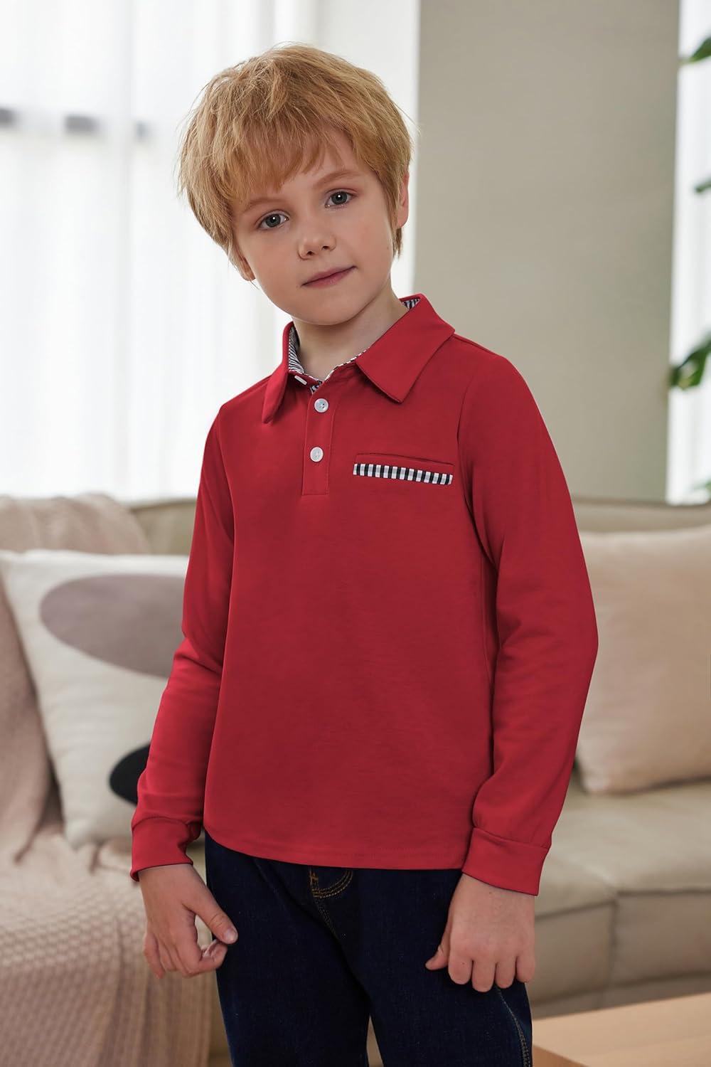 image:imageArshiner Boys Long Sleeve Plaid Trim Polo Shirt School Uniform Shirt with PocketRed
