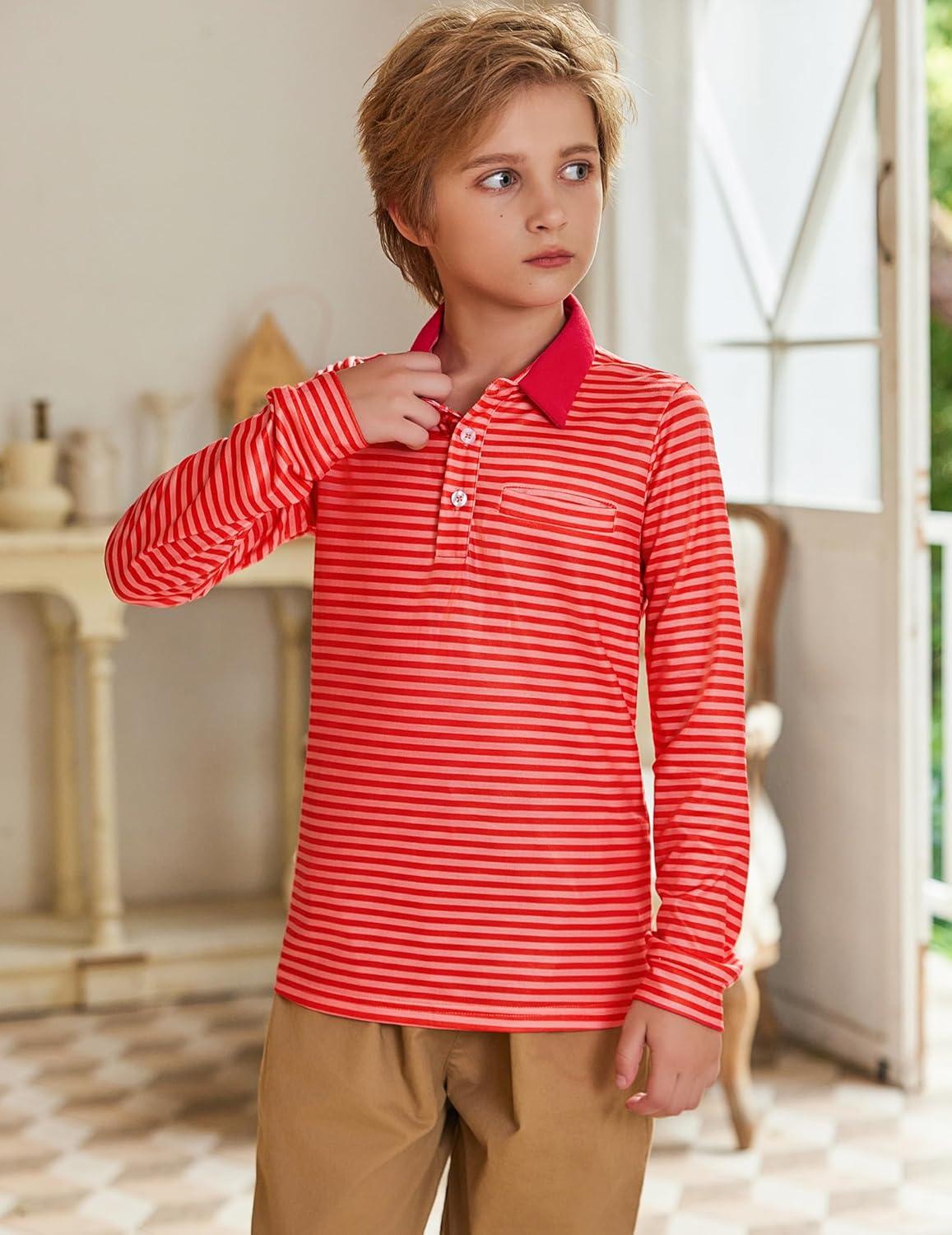 image:imageArshiner Boys Long Sleeve Plaid Trim Polo Shirt School Uniform Shirt with PocketRed Striped