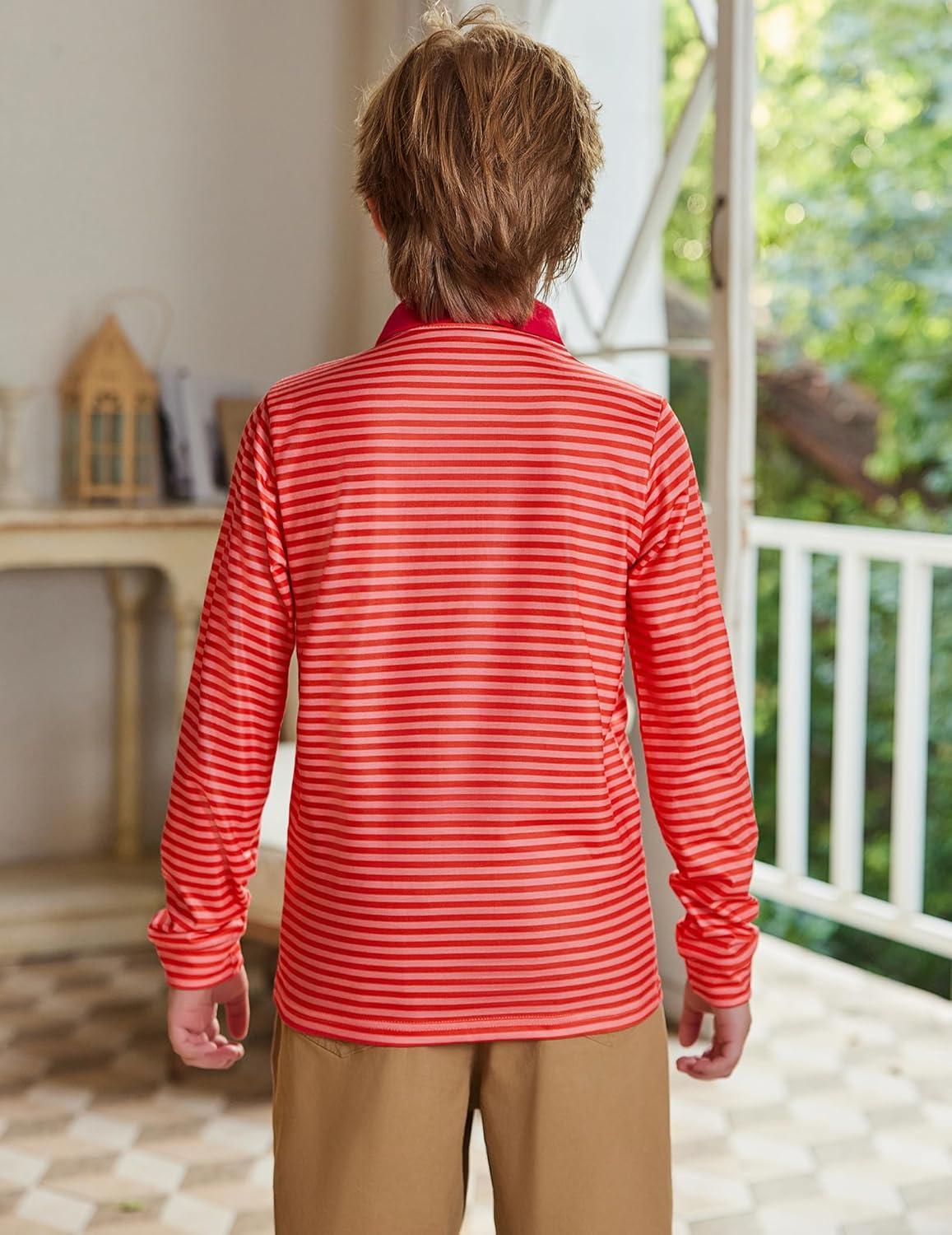 image:imageArshiner Boys Long Sleeve Plaid Trim Polo Shirt School Uniform Shirt with PocketRed Striped