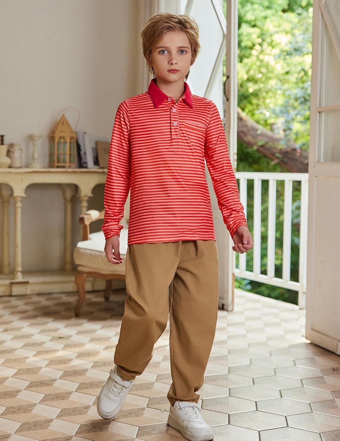 image:imageArshiner Boys Long Sleeve Plaid Trim Polo Shirt School Uniform Shirt with PocketRed Striped